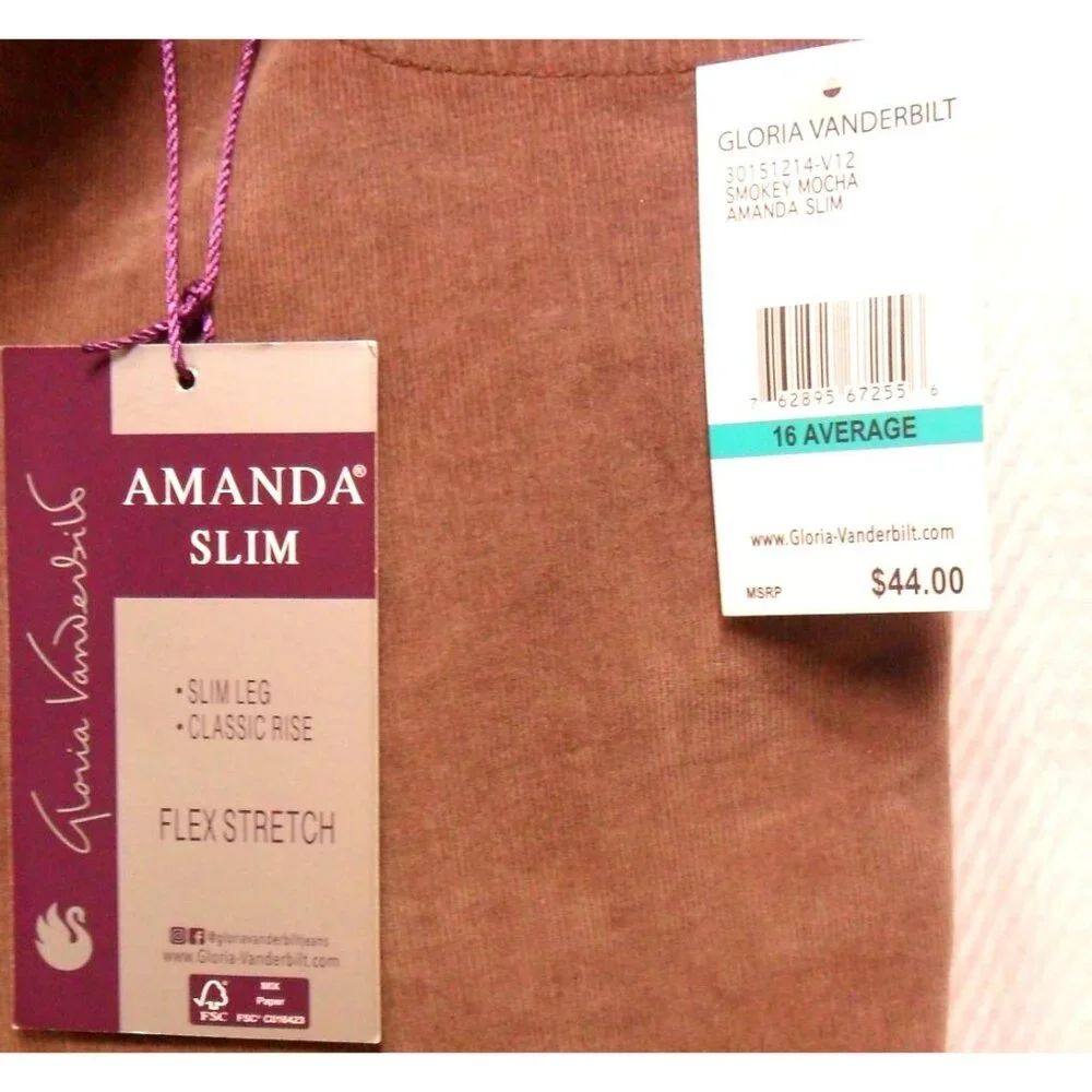 NWT Gloria Vanderbilt Amanda Slim Leg Jeans Smokey Mocha Size 16 Average Flex St - Picture 3 of 11